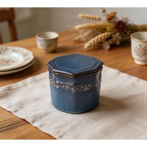 Customizable Blue Embossed Ceramic Butter Crock | Airtight Floral Kitchen Keeper