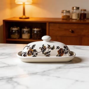 Puede incluir: Mantequera de color crema con un diseño floral con rosas amarillas y marrones. El plato tiene una tapa con un pequeño asa redonda. La base es de forma ovalada y el plato se encuentra sobre una superficie de mármol.