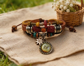 Aangepaste leren armband met foto huisdiernaam, vintage meerstrengige polsband voor koppels, gepersonaliseerd boho-herdenkingscadeau voor dierenliefhebbers