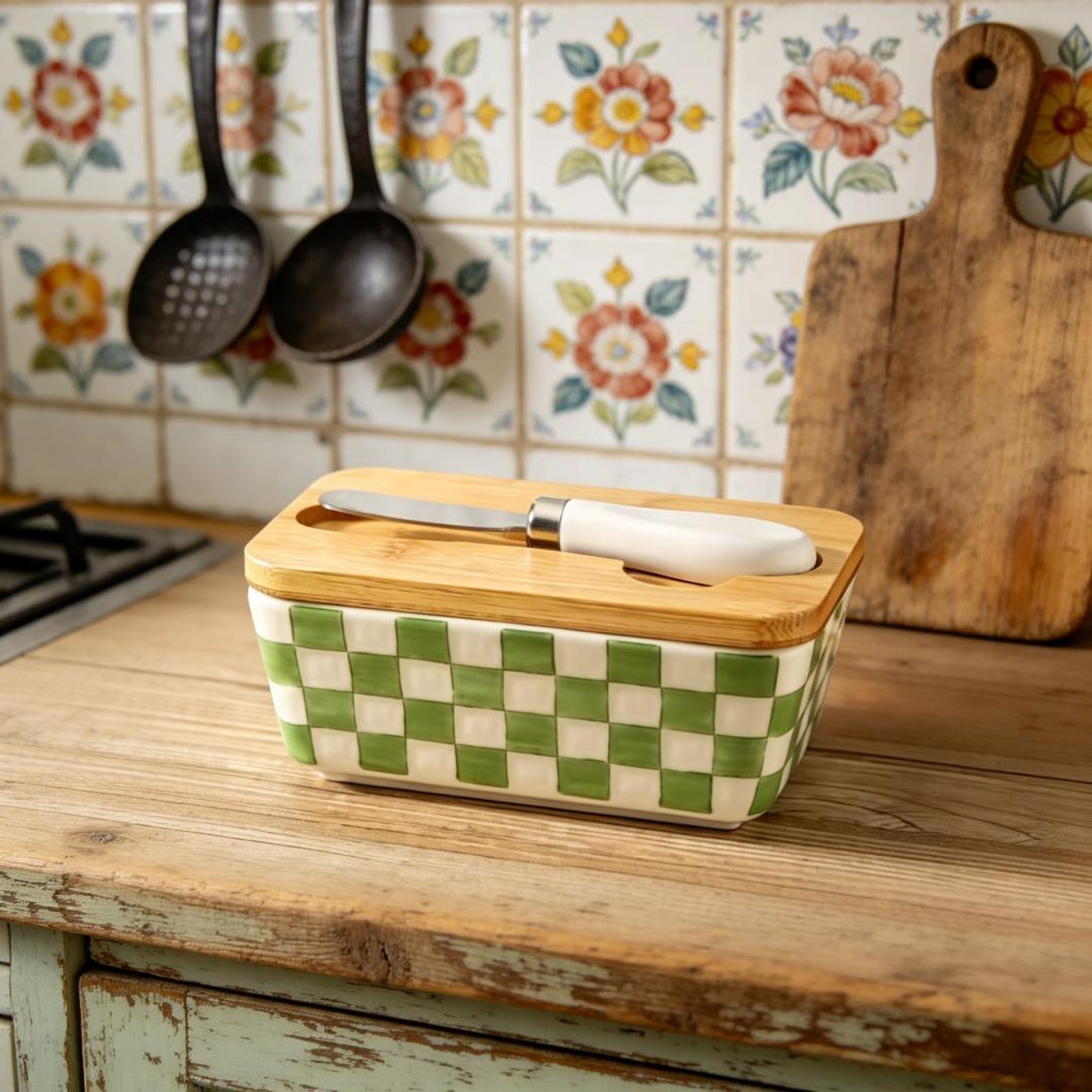 Ceramic Butter Keeper in Green Checkered