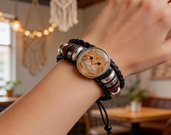 Custom Pet Photo Leather Bracelet, Personalized Dog Cat Portrait Handmade Bangle, Adjustable Braided Wristband Memorial Gift