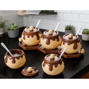 Juego de tarro de miel y tarro de especias de cerámica personalizados, recipientes de cocina con esmalte de chocolate.