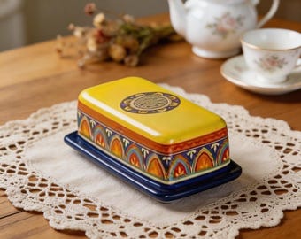 Anpassbare Boho Keramik Butterdose | Überzogener Blumenmuster-Butterbehälter für Käse- und Küchenaufbewahrung