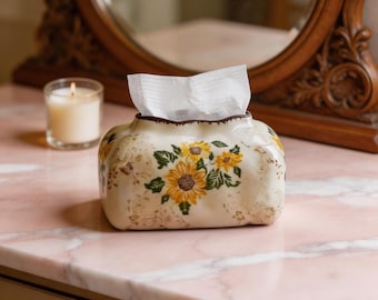 Caja de pañuelos de cerámica con diseño de girasol pintado a mano / Soporte floral rústico, esmalte vintage