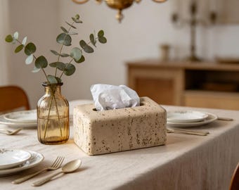 Caja de pañuelos de resina con aspecto de travertino, decoración de lujo Wabi-Sabi para mesa de centro de sala de estar.