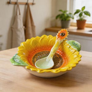 May include: A ceramic bowl and spoon set designed as a sunflower. The bowl has yellow petals, an orange centre, and a green leaf. The spoon has a sunflower head and a light green handle. The set is on a wooden surface.