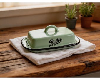 Mantequera personalizable de esmalte verde menta, recipiente de acero vintage, regalo para la cocina