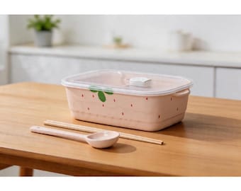 Custom Strawberry Print Ceramic Divided Bento Box, Microwave-Safe Meal Prep Container with Lid