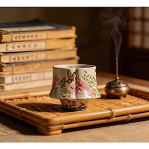 Op de afbeelding: Een beige keramische theekop met een uitlopende basis, versierd met roze bloempatronen en een vlinder. De kop staat op een bamboe dienblad, met een stapel boeken op de achtergrond en een wierookbrander.