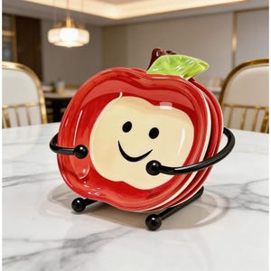May include: A red apple-shaped ceramic dish set with a smiling face design. The dish set includes multiple plates and is held by a black metal stand. The apple has a green leaf and a brown stem.
