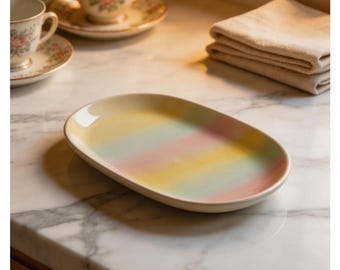 Prato de cerâmica personalizável com efeito degradê arco-íris, ideal para sobremesas em tons pastel.