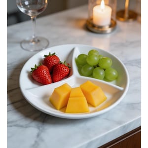 May include: A white divided serving dish filled with fresh fruit. The dish contains bright red strawberries, green grapes, and yellow cantaloupe. A lit candle and wine glass are in the background.