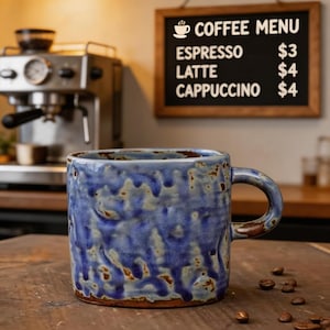 May include: A blue ceramic mug with a textured glaze and a brown rim and handle. The mug is sitting on a wooden surface with coffee beans scattered around it. A coffee menu is in the background.