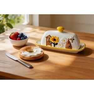 Personalizowana ceramiczna maselniczka z motywem słonecznika i ręcznie malowanymi kwiatami | Pojemnik na masło z pokrywką | Wystrój kuchni w stylu farmhouse | Spersonalizowany prezent na parapetówkę