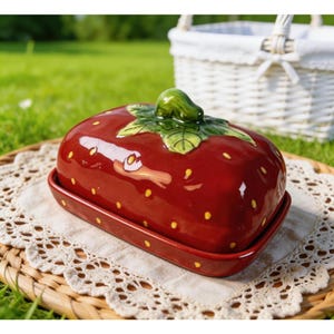 May include: A ceramic butter dish shaped like a strawberry. The dish is a vibrant red with yellow speckles, a green stem, and leaves. It sits on a rectangular base, presented on a white doily and a woven mat.