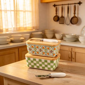 Peut inclure: Deux beurriers en céramique avec couvercles en bambou et couteaux à beurre. L'un présente un motif à carreaux verts et blancs, l'autre un motif floral orange, bleu et vert. Articles de cuisine.