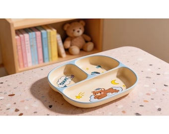 Hand-Painted Ceramic Divided Plate, Bear Cloud Design, Toddler Dinnerware, Baby Shower Gift
