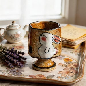 Puede incluir: Taza de té de cerámica con diseño de conejo de dibujos animados. La taza marrón tiene una ilustración de conejo blanco con un rubor rojo. Está sobre una bandeja floral, junto a una tetera y ramitas de lavanda. La taza mide unos 10 cm de altura.