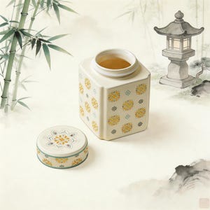 Puede incluir: Tetera y tapa de cerámica color crema con diseños florales amarillos. La tetera es cuadrada con una abertura redonda. La tapa es redonda con un diseño floral a juego. El fondo presenta bambú y una linterna de piedra, sugiriendo un tema japonés.