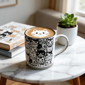 以下が含まれることがあります： 白と黒の猫柄の白いセラミックマグカップ。コーヒーが注がれ、猫の形をしたフォームデザインが施されています。マグカップは、猫のイラストが描かれた本と小さな多肉植物の隣の大理石のテーブルに置かれています。