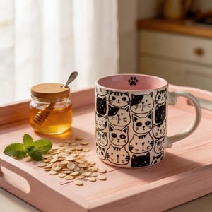 May include: A ceramic mug with a pattern of cat faces in black and white, with a pink interior and a paw print. The mug sits on a pink tray with a jar of honey, a honey dipper, and a sprig of mint.