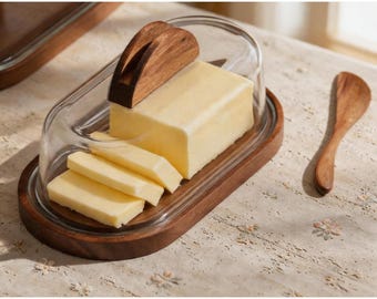 Custom Wooden Butter Dish with Glass Lid & Spreader, Oval Acacia Cheese Serving Tray with Cloche