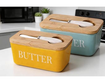 Mantequera de cerámica personalizable con tapa de bambú y esparcidor / Mantequera de color menta amarillo