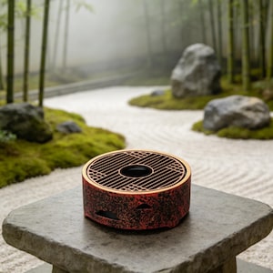 May include: A round, red and gold incense burner with a slatted top sits on a stone surface. The burner has a textured, mottled finish. The background features a Japanese garden with bamboo, rocks, and raked sand.