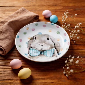 May include: A white ceramic plate featuring a bunny illustration with a blue and white checked bow tie. The plate has pastel polka dots. Three painted eggs and a brown napkin are also visible on a wooden surface.