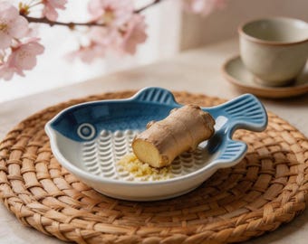 Custom Japanese-Style Fish-Shaped Ceramic Grater & Dipping Dish, Mino Ware Inspired Ginger  Garlic Grinder Plate