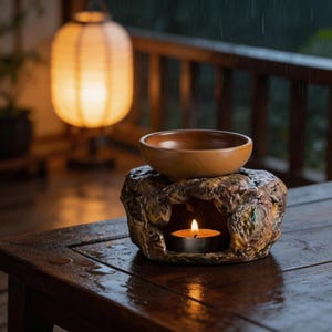May include: A brown ceramic oil warmer with a small bowl on top and a lit tea light candle inside. The warmer has a textured, organic design. The background includes a lit paper lantern and a wooden railing.