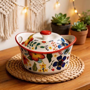 Customizable Hand-Painted Floral Ceramic Casserole Dish with Lid