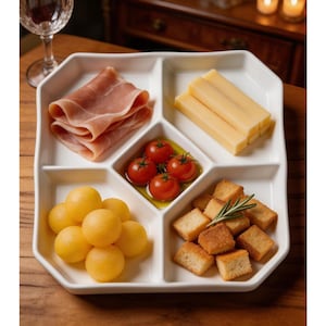 Puede incluir: Una fuente blanca, octogonal, llena de varios aperitivos. La fuente contiene prosciutto, palitos de queso, tomates cherry en aceite de oliva, bolas de melón amarillas y picatostes. Una copa de vino es visible en el fondo.