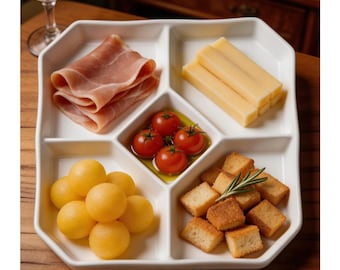 Piatto in ceramica personalizzato a cinque scomparti. Il piatto divisorio bianco più minimalista, ideale per antipasti, piatti freddi e occasioni di ristorazione di alto livello.