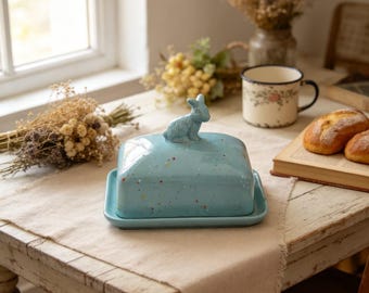 カスタマイズ可能な3Dウサギ型セラミックバターディッシュ｜斑点模様のイースターギフト収納ジャー