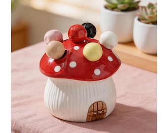 Juego de tenedores para fruta con tarro de cerámica con forma de seta, almacenamiento caprichoso esculpido a mano, personalizable.