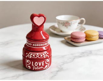 Tazas medidoras de cerámica personalizadas con diseño de poción de amor, utensilios de repostería apilables, cucharas con forma de corazón para San Valentín.
