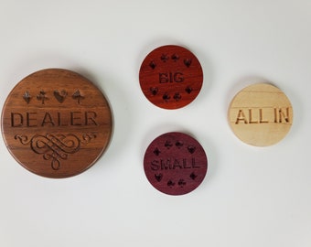 Deluxe Poker Dealer Button and Blinds Set - Engraved Black Walnut - Purpleheart - Orange Paudak - Maple