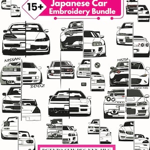 May include: A digital embroidery bundle featuring Japanese car designs. The image showcases various car models, split in half, with detailed front and rear views. Text includes "Japanese Car Embroidery Bundle", "15+", and file type information.