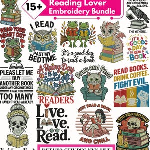 May include: A selection of embroidery designs with a reading theme. The designs feature animals and characters reading books, with text including "Read Your Heart Out," "Readers," and "Just Read a Book." The designs are in various colours.