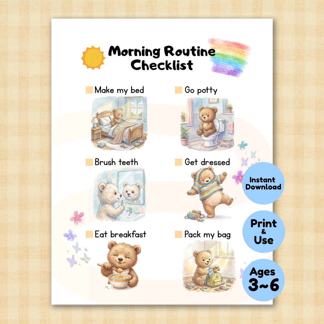 Morning Routine Checklist for Kids, ADHD Visual Schedule, Printable