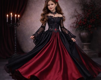 Gothic Black Red Satin Dress for Girls, Dark Princess Dress, Flower Girl Dress, Halloween Dress, Lace Party Gown, Luxury Kids Dress