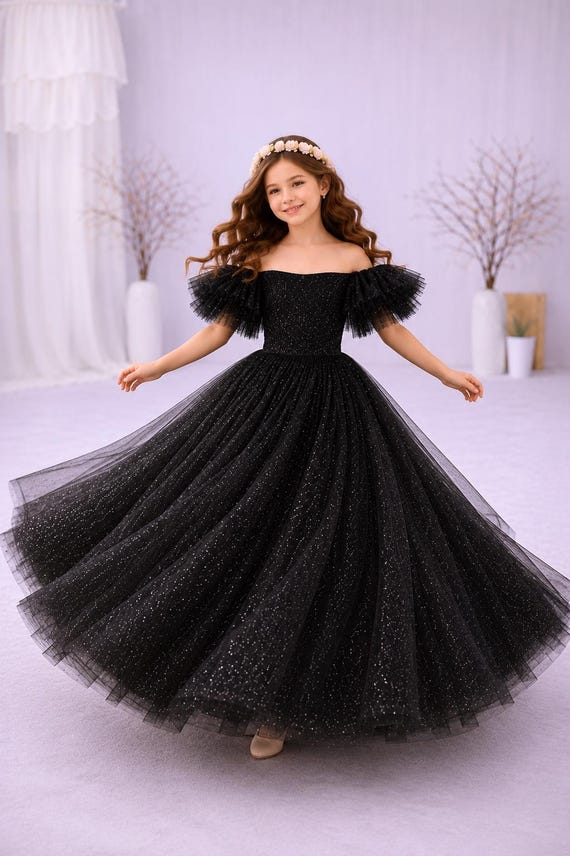 black glitter tulle prom dress Buy Flower Girl Sparkly Ball Gown Kids Frock off the Shoulder Pageant Dress Tulle Gown Online in India priceFilter-below-50