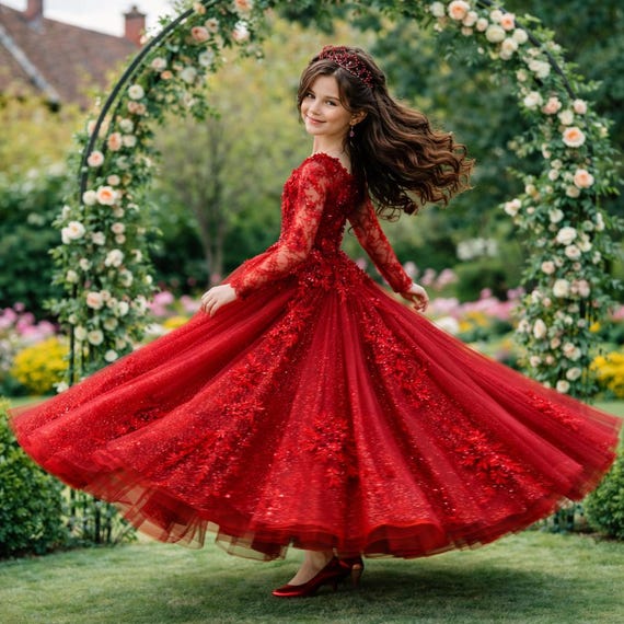 Luxury Red Flower Girl Dress | Long Sleeve Lace Sequin Gown | Kids Formal Ball Gown for Weddings | Christmas Party Dress