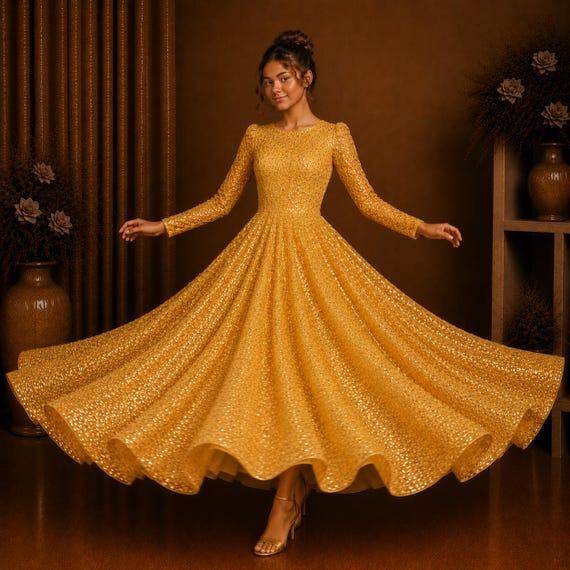 gold pleated maxi dress Sequin Ball Gown, Long Sleeve Evening, Modest Prom Dress, Sparkly Gold Gown for Formal Gala, Engagement & Wedding Guest Category_Dresses/Shop by Style/Midi Dresses