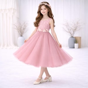 Dusty Rose Empire Waist Sleeveless Girl Dress  Elegant Mid-Calf Party Dress  Simple Classic Flower Girl Gown