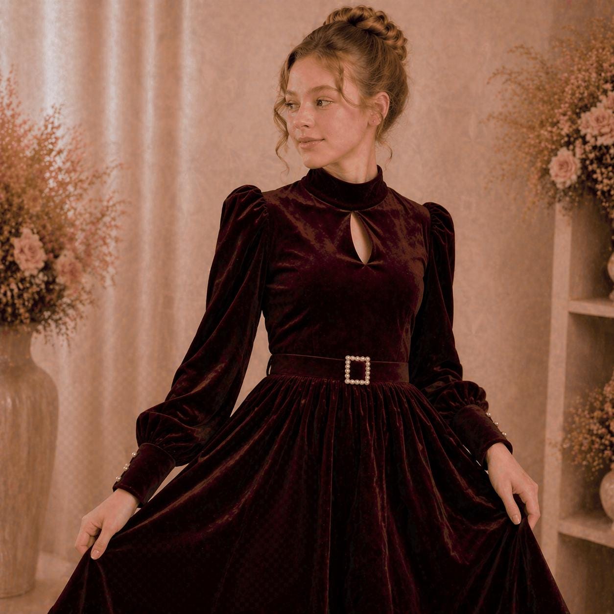 chinese dress ladies Tina Holly Couture TA301 Wine Red Velvet Long Sleeve Midi Formal Dress