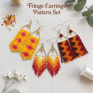 May include: A selection of handmade fringe earrings in various colours. The earrings feature geometric patterns and gradients in yellow, red, orange, and burgundy. The text "Fringe Earrings Pattern Set" is displayed above the earrings.