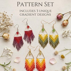 May include: A collection of beaded earring patterns showcasing three unique gradient designs. The earrings have triangular frames with beaded fringe in red, yellow, and green shades. The image text reads: "BEADED EARRING PATTERN SET, INCLUDES 3 UNIQUE GRADIENT DESIGNS."