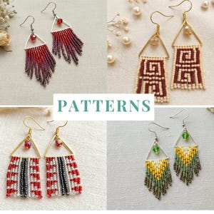 Puede incluir: Una colección de pendientes de cuentas hechos a mano en varios diseños. Los pendientes presentan marcos triangulares con intrincados abalorios en colores como rojo, morado, blanco, negro, amarillo y verde. La palabra "PATTERNS" se muestra.